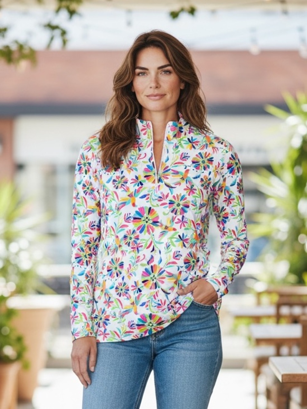 IBKUL Estela Multi-Colored Mock Zipper Long Sleeve shirt NEW medium